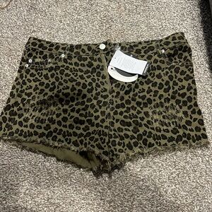 Olive green leopard print shorts
